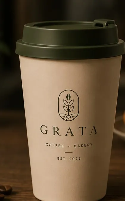 The Grata Travel Mug — beige body with a forest-green flip lid, the Grata mark foil-stamped on the front