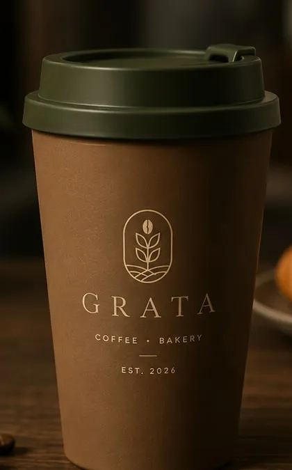 The Grata Travel Mug — brown body with a forest-green flip lid, the Grata mark foil-stamped on the front